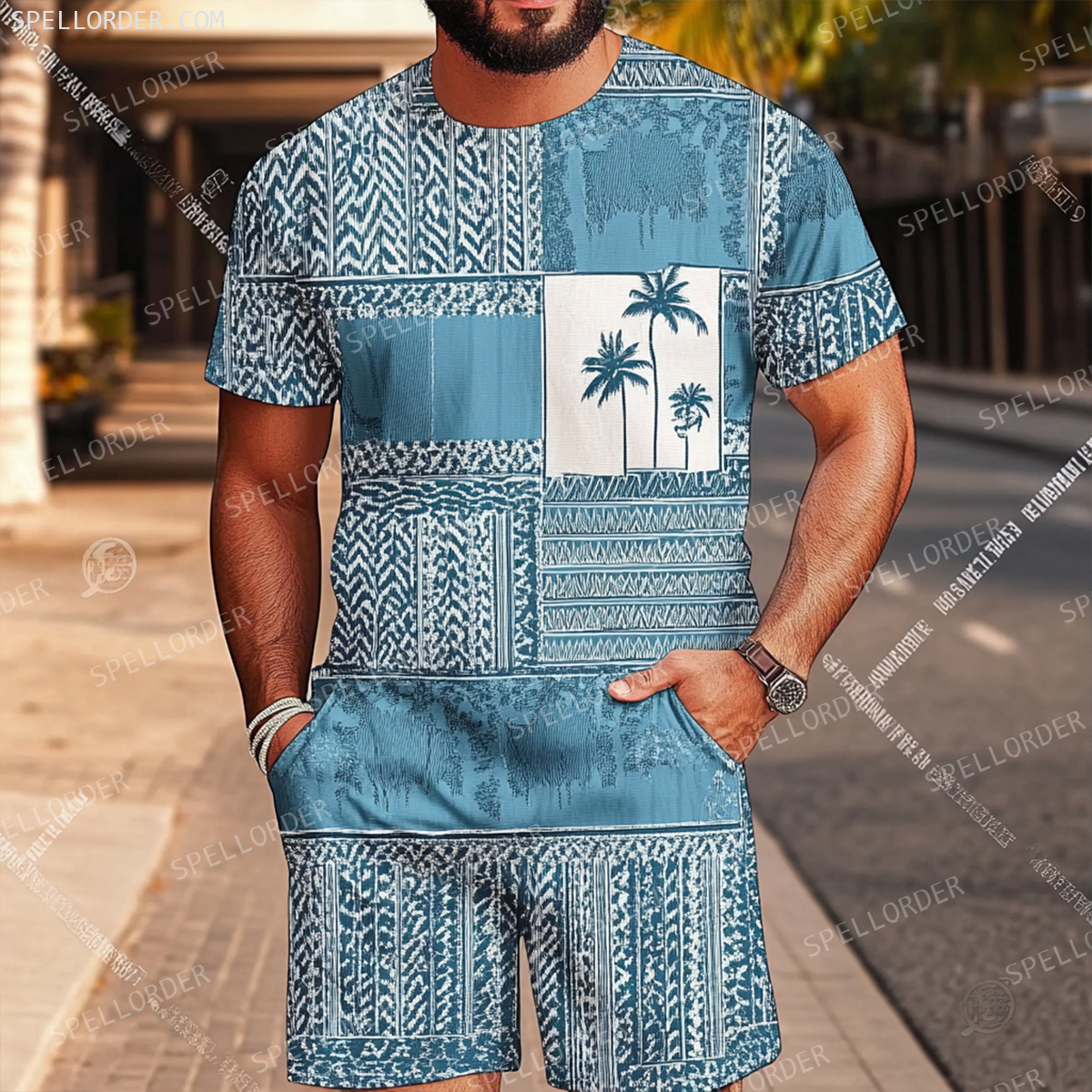 Men's Luxury Premium Round Neck Jacquard Texture Print Shorts Set 