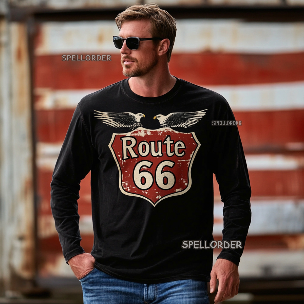 Men's Vintage “Route 66” Cotton Long T-Shirt