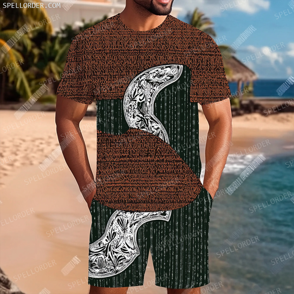 Men's Luxury Premium Round Neck Jacquard Texture Print Shorts Set 