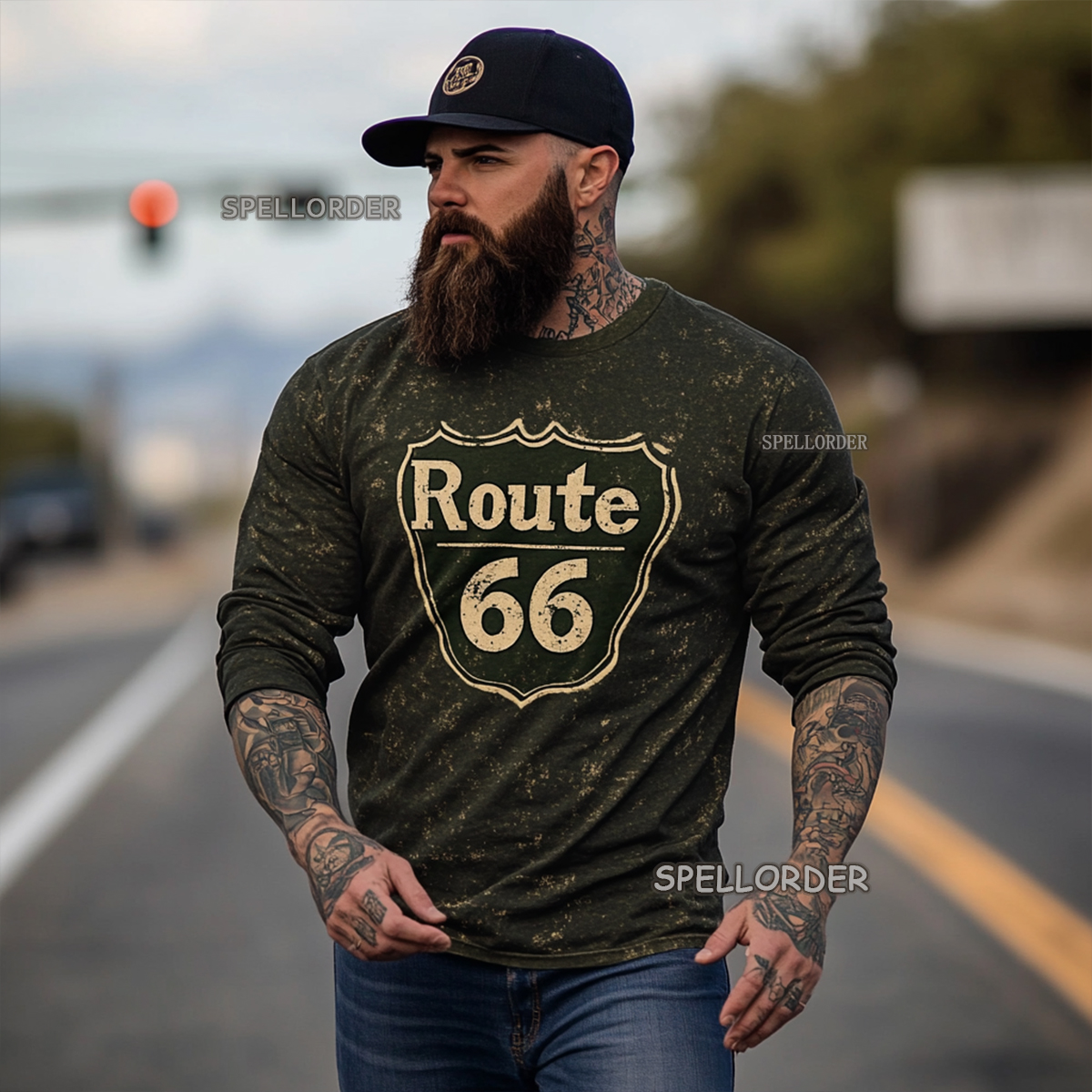 Men's Vintage “Route 66” Cotton Long T-Shirt