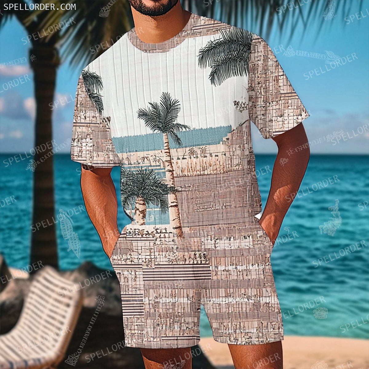 Men's Luxury Premium Round Neck Jacquard Texture Print Shorts Set 