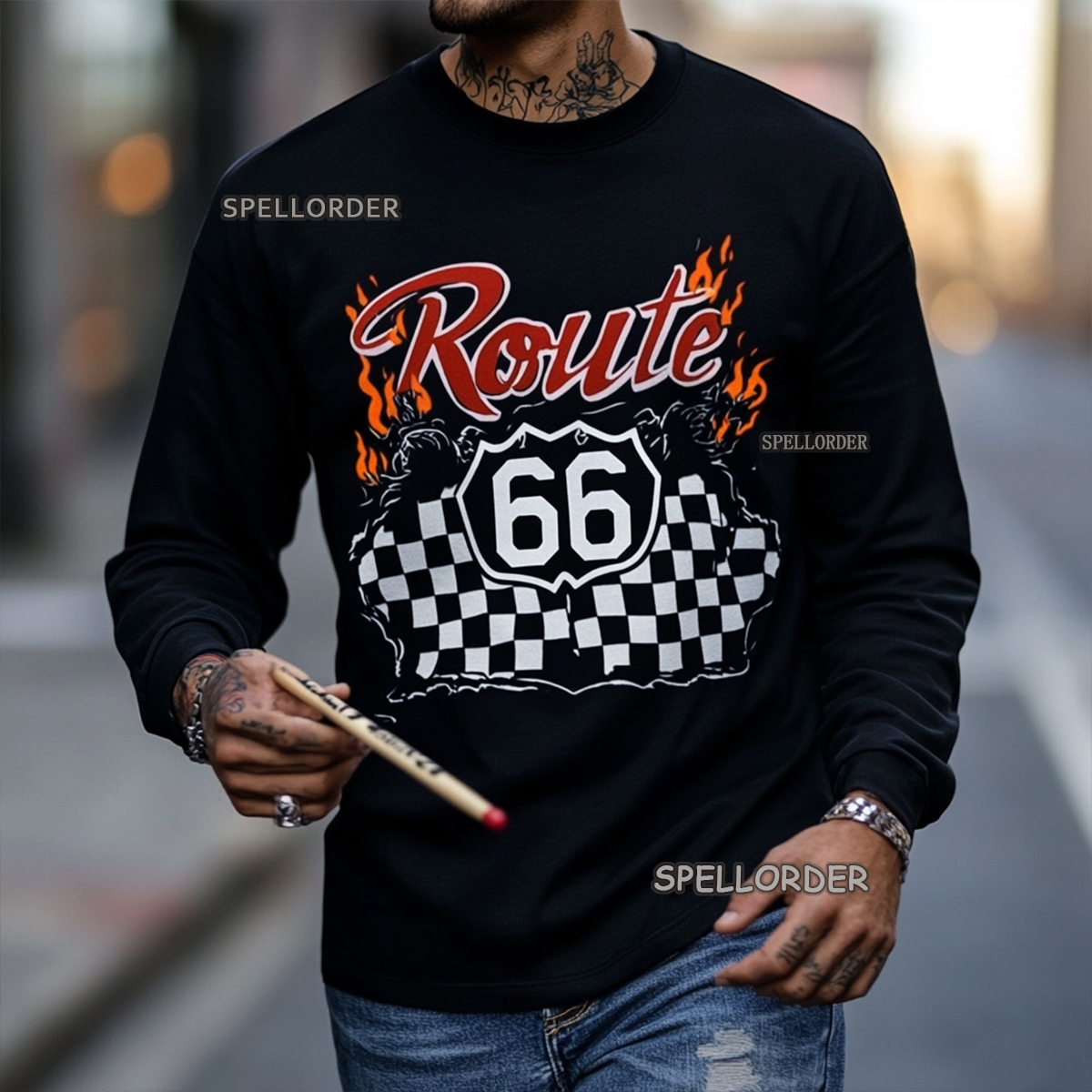Men's Vintage “Route 66” Cotton Long T-Shirt