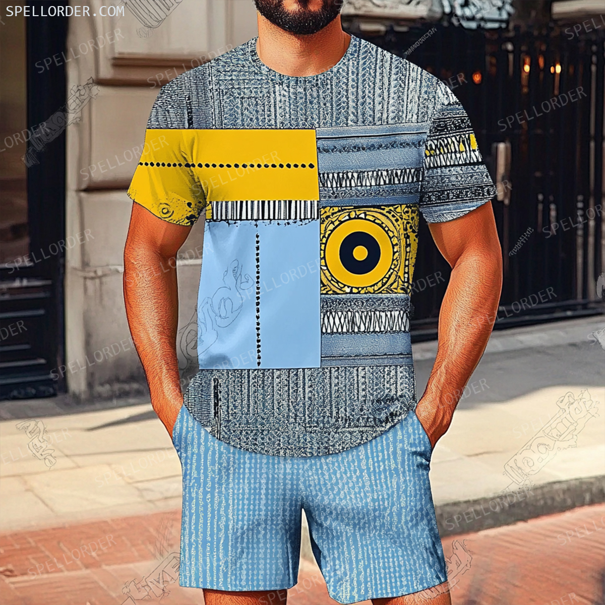 Men's Luxury Premium Round Neck Jacquard Texture Print Shorts Set 