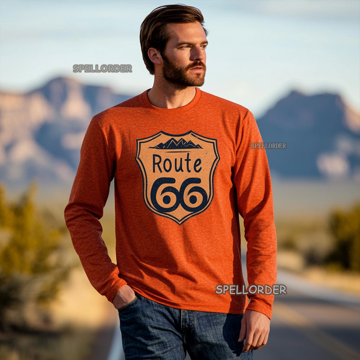 Men's Vintage “Route 66” Cotton Long T-Shirt