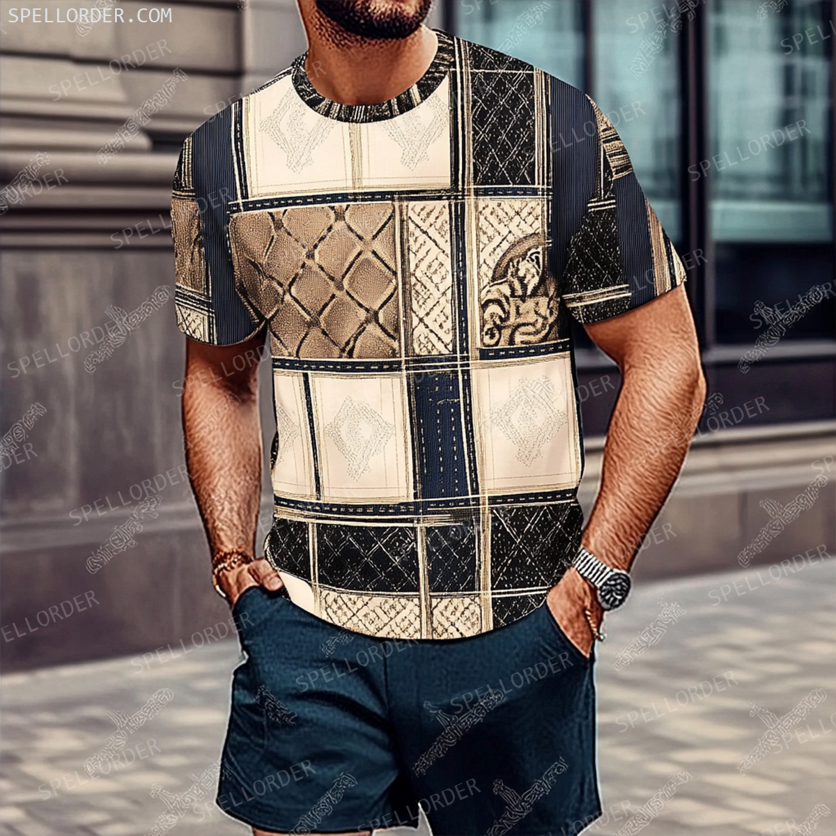 Men's Luxury Premium Round Neck Jacquard Texture Print Shorts Set 