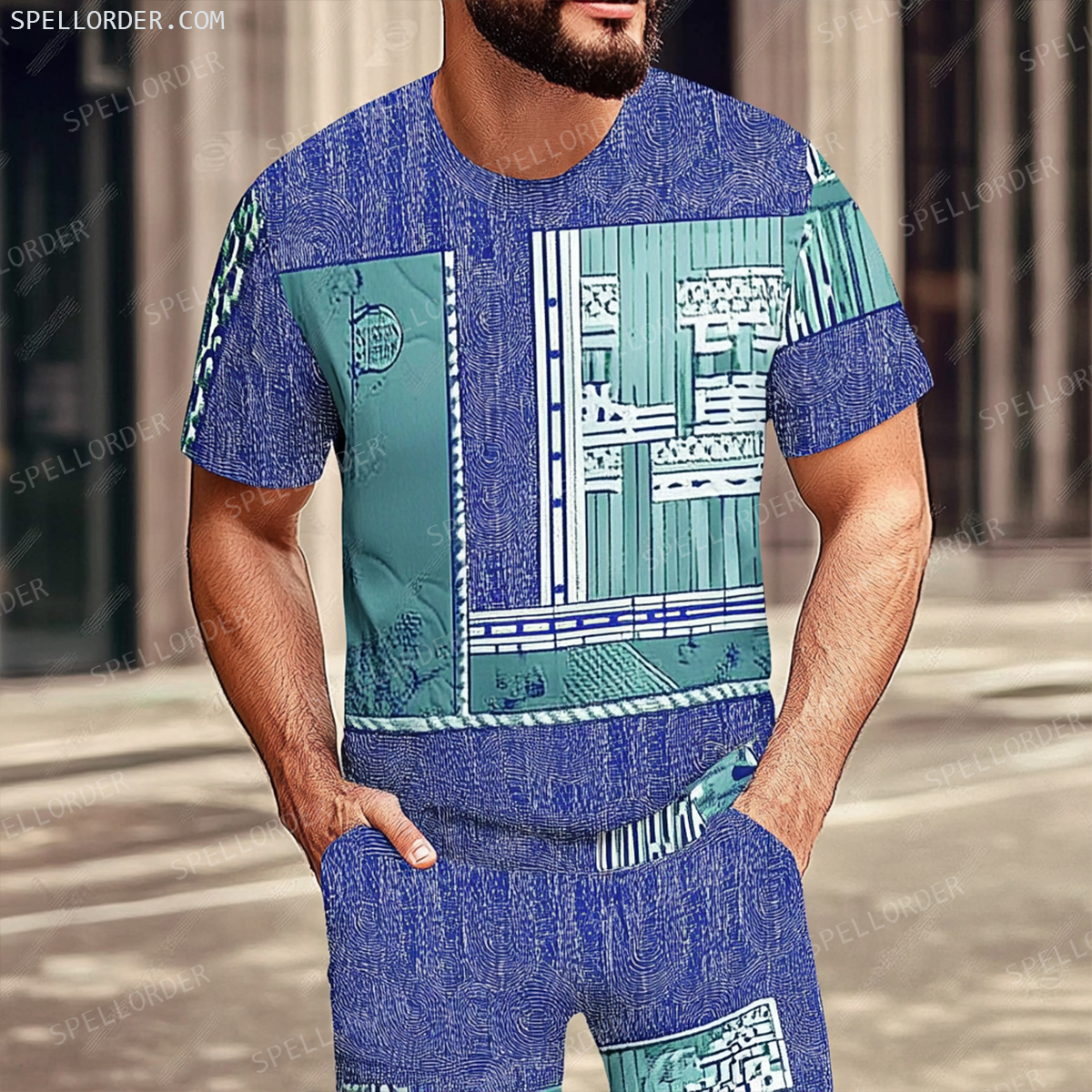 Men's Luxury Premium Round Neck Jacquard Texture Print Shorts Set 