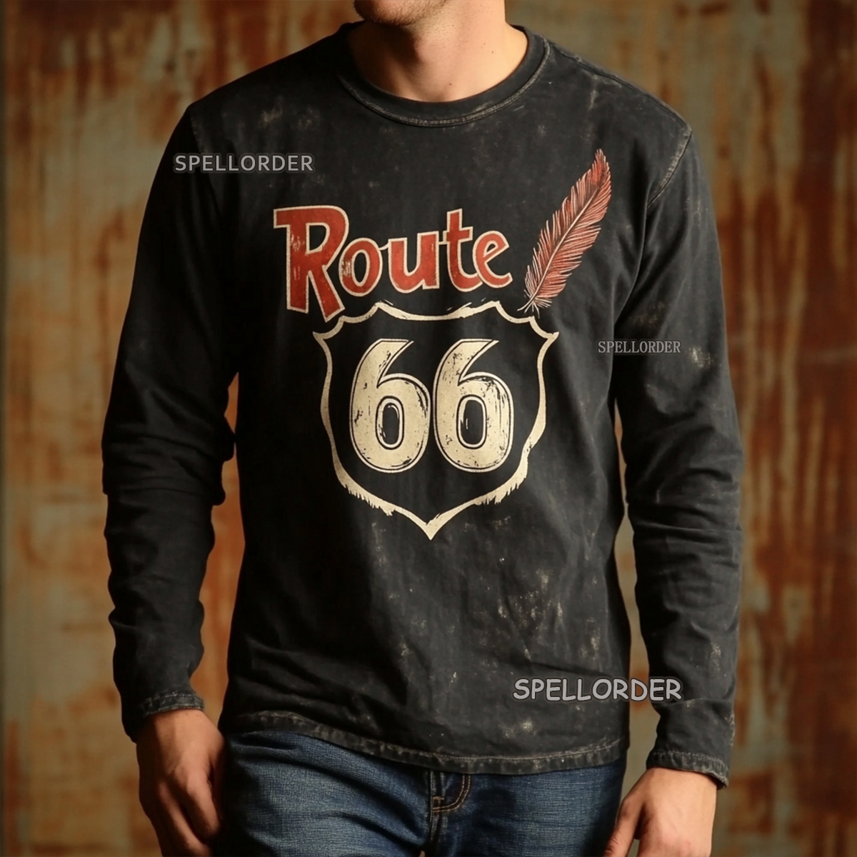 Men's Vintage “Route 66” Cotton Long T-Shirt