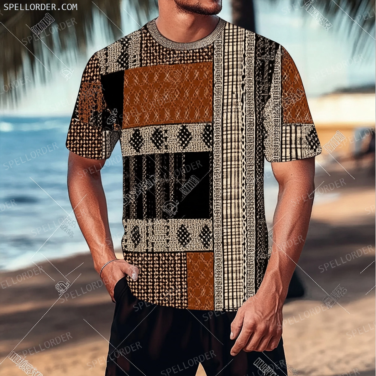 Men's Luxury Premium Round Neck Jacquard Texture Print Shorts Set 