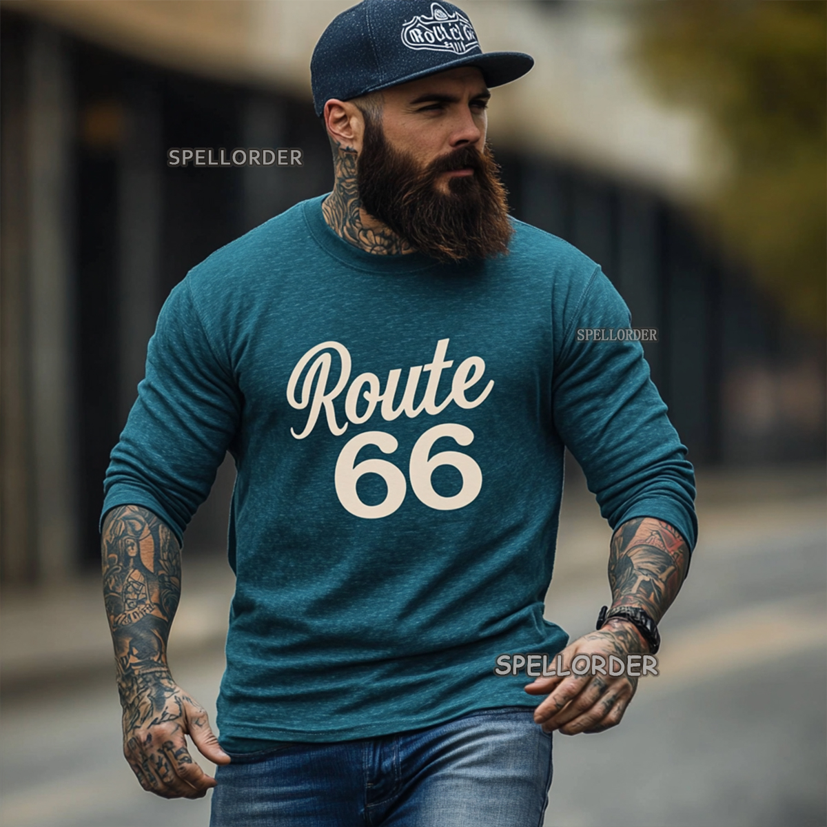 Men's Vintage “Route 66” Cotton Long T-Shirt