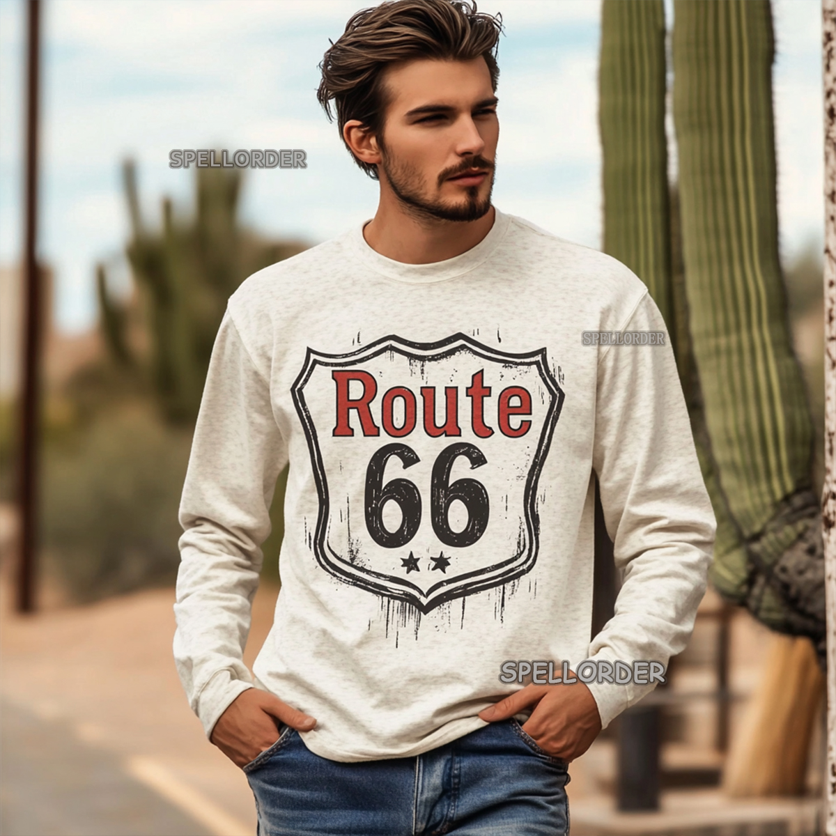 Men's Vintage “Route 66” Cotton Long T-Shirt