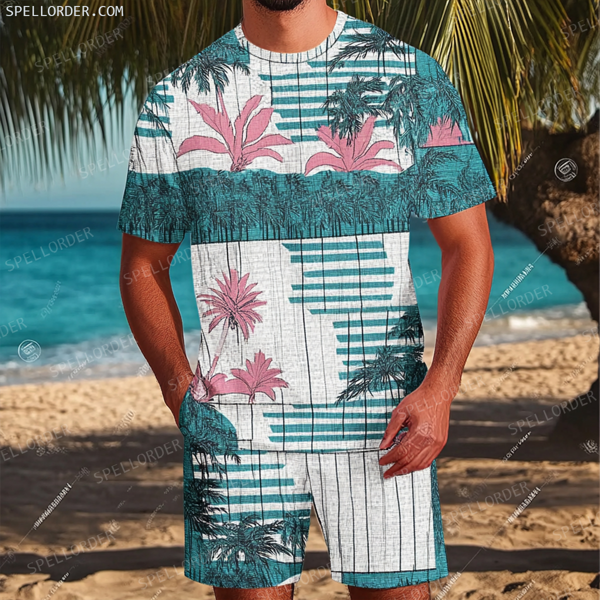 Men's Luxury Premium Round Neck Jacquard Texture Print Shorts Set 