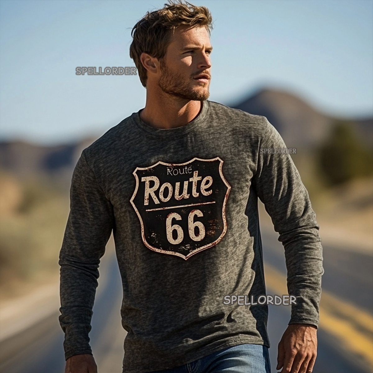 Men's Vintage “Route 66” Cotton Long T-Shirt