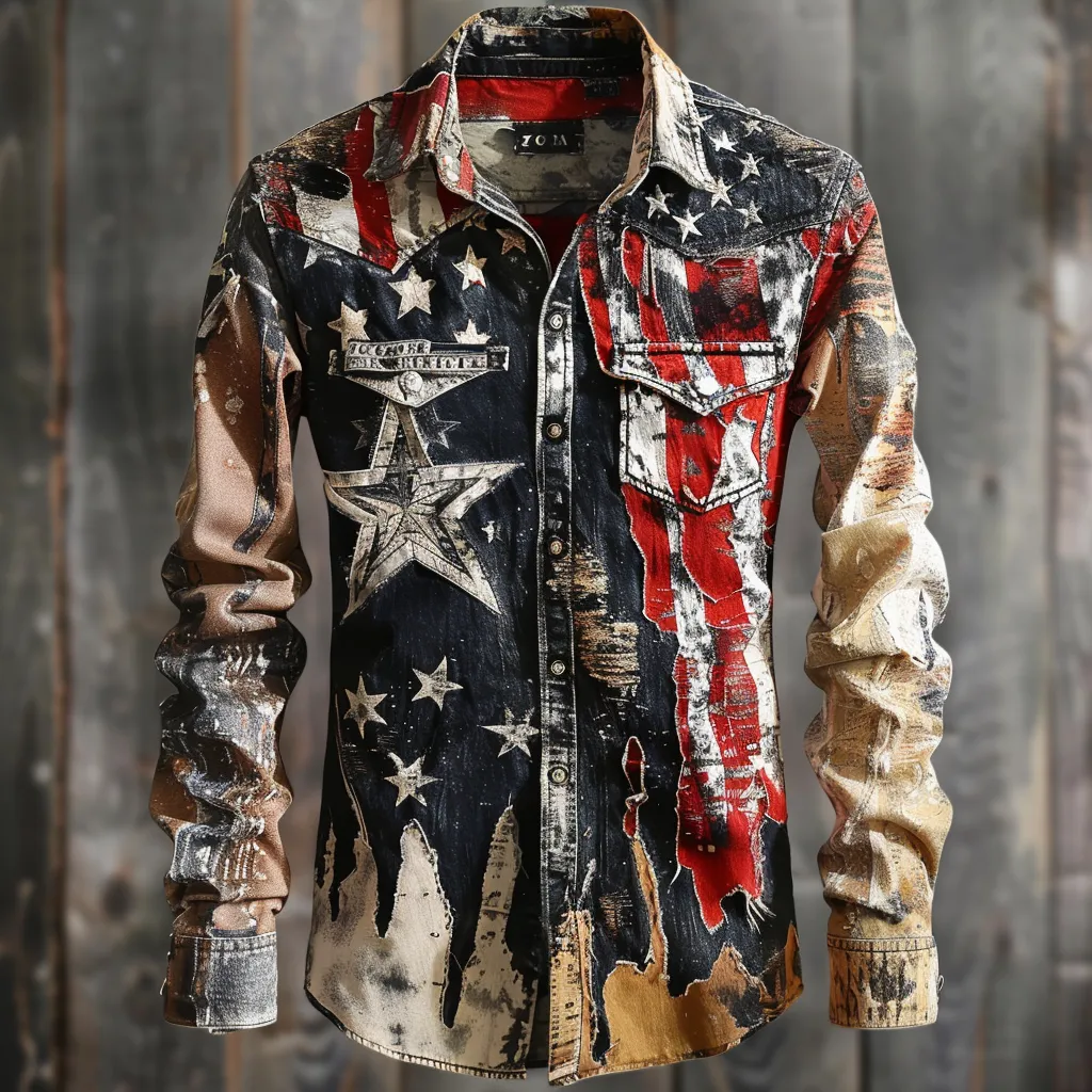 Retro American FLAG shirt western cowboy shirt men's vintage color palette old-school riding outdoor travel shirt