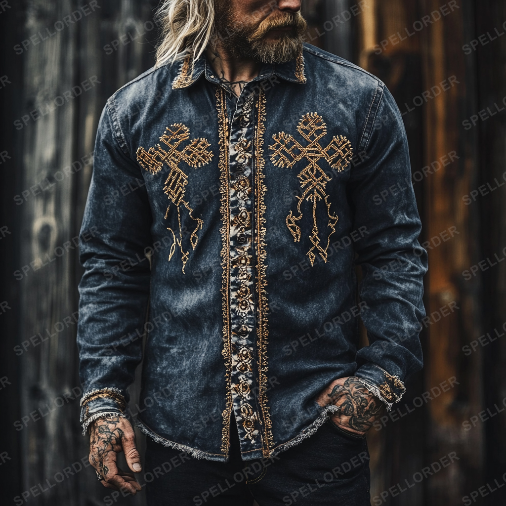 High end comfortable Retro Water-washed viking style leisure vacation long sleeve shirt