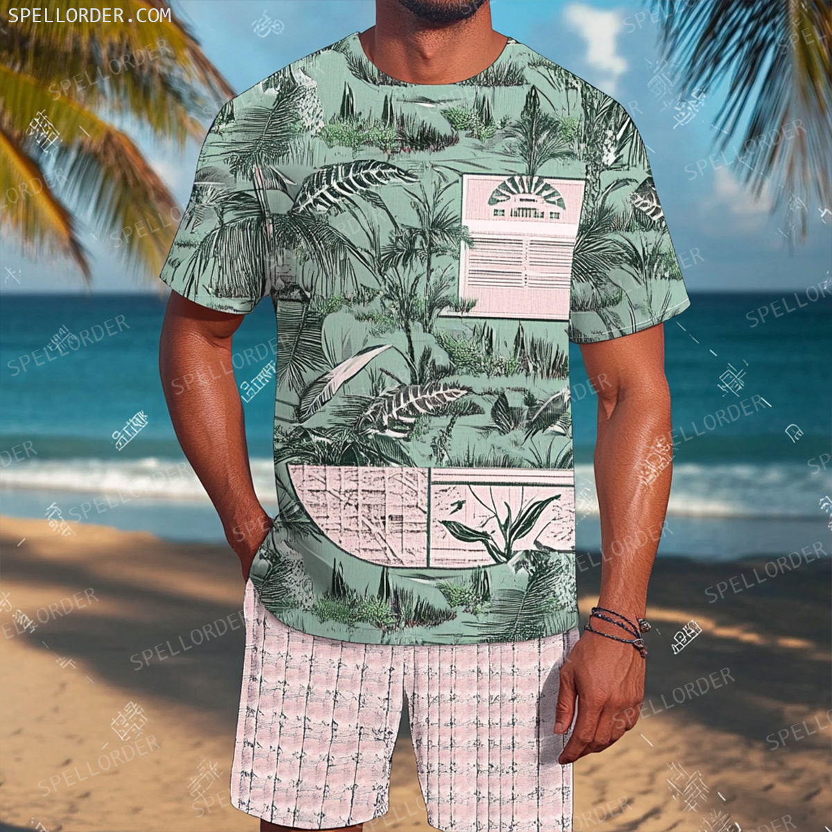 Men's Luxury Premium Round Neck Jacquard Texture Print Shorts Set 