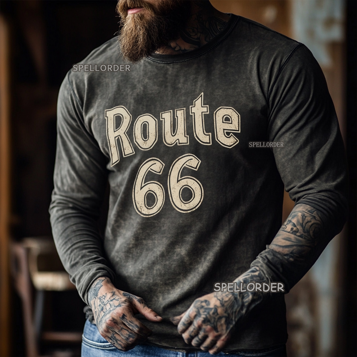 Men's Vintage “Route 66” Cotton Long T-Shirt
