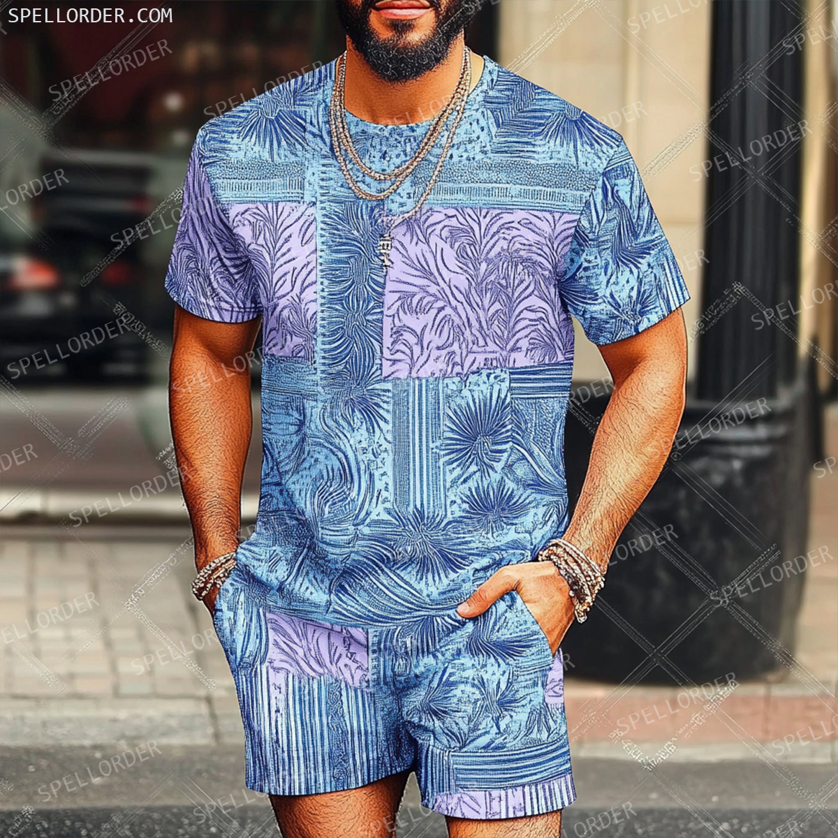 Men's Luxury Premium Round Neck Jacquard Texture Print Shorts Set 