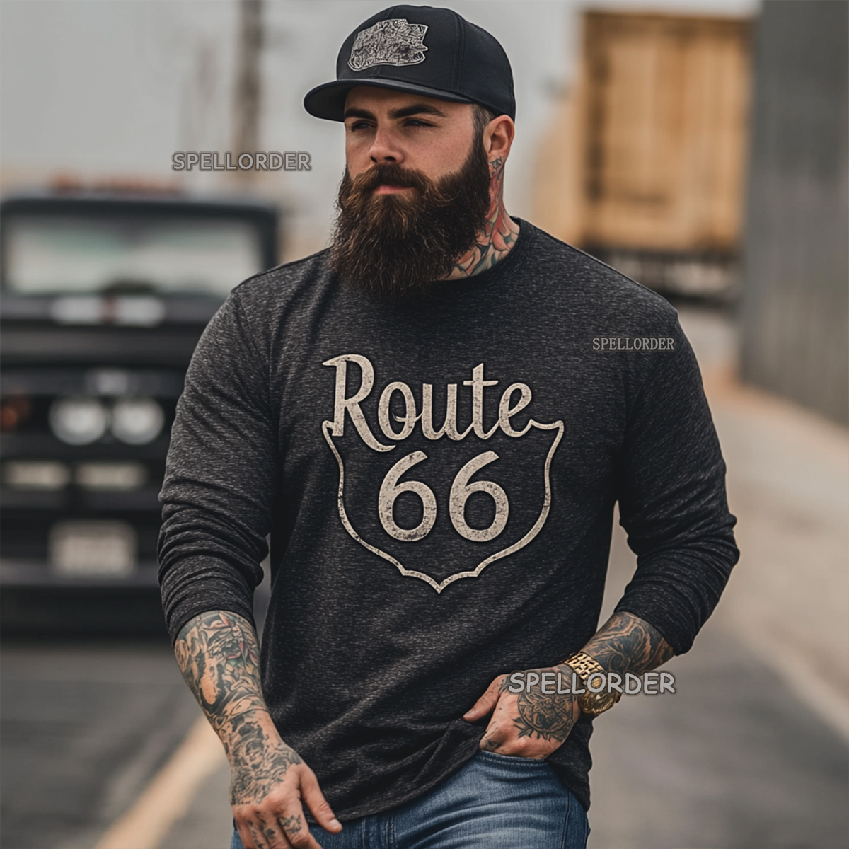 Men's Vintage “Route 66” Cotton Long T-Shirt