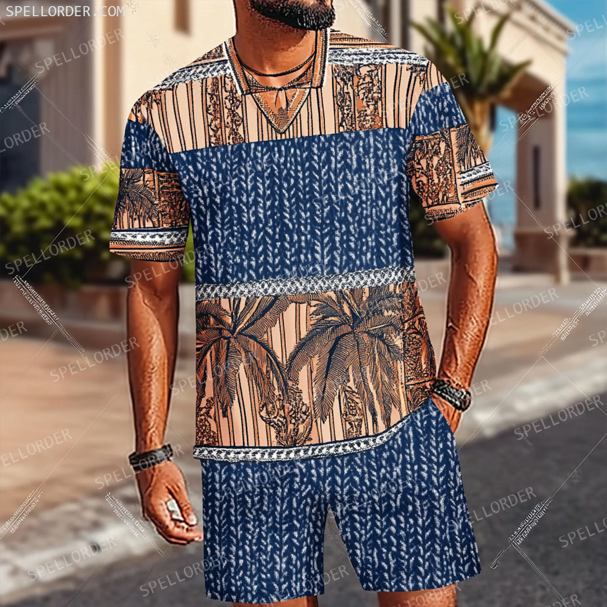Men's Luxury Premium Round Neck Jacquard Texture Print Shorts Set 