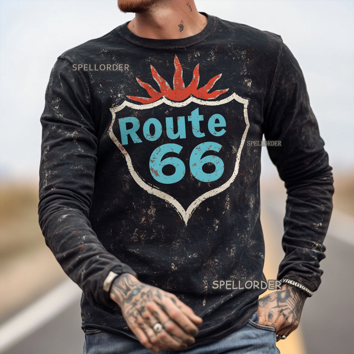 Men's Vintage “Route 66” Cotton Long T-Shirt