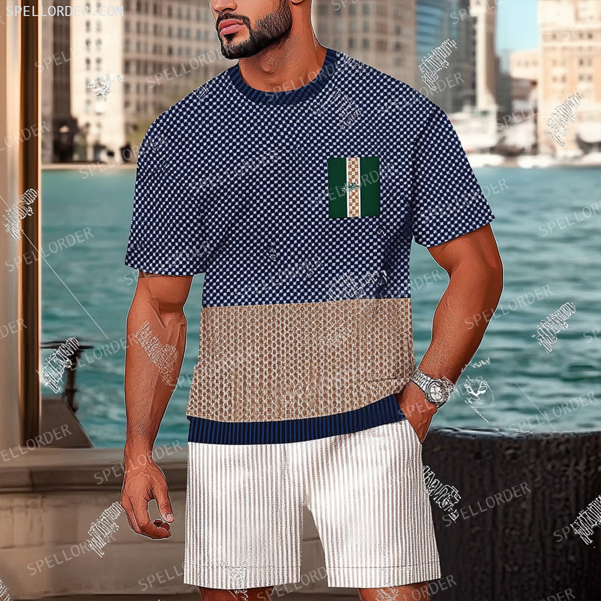 Men's Luxury Premium Round Neck Jacquard Texture Print Shorts Set 