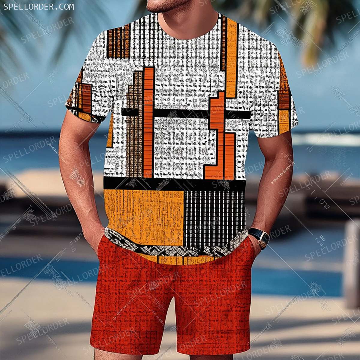 Men's Luxury Premium Round Neck Jacquard Texture Print Shorts Set 