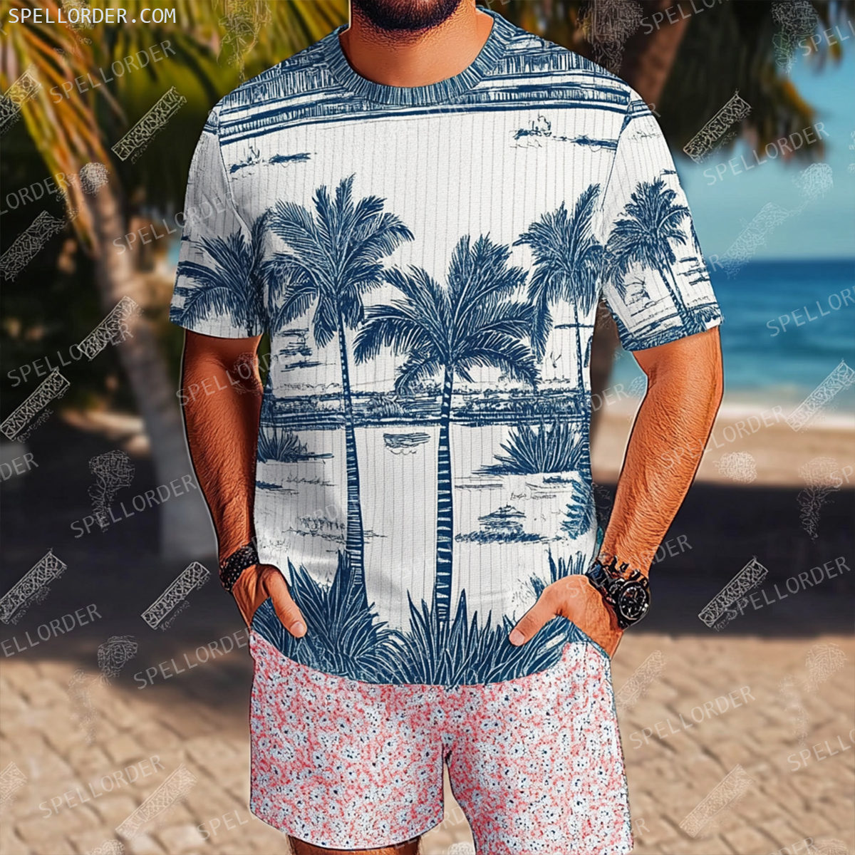 Men's Luxury Premium Round Neck Jacquard Texture Print Shorts Set 