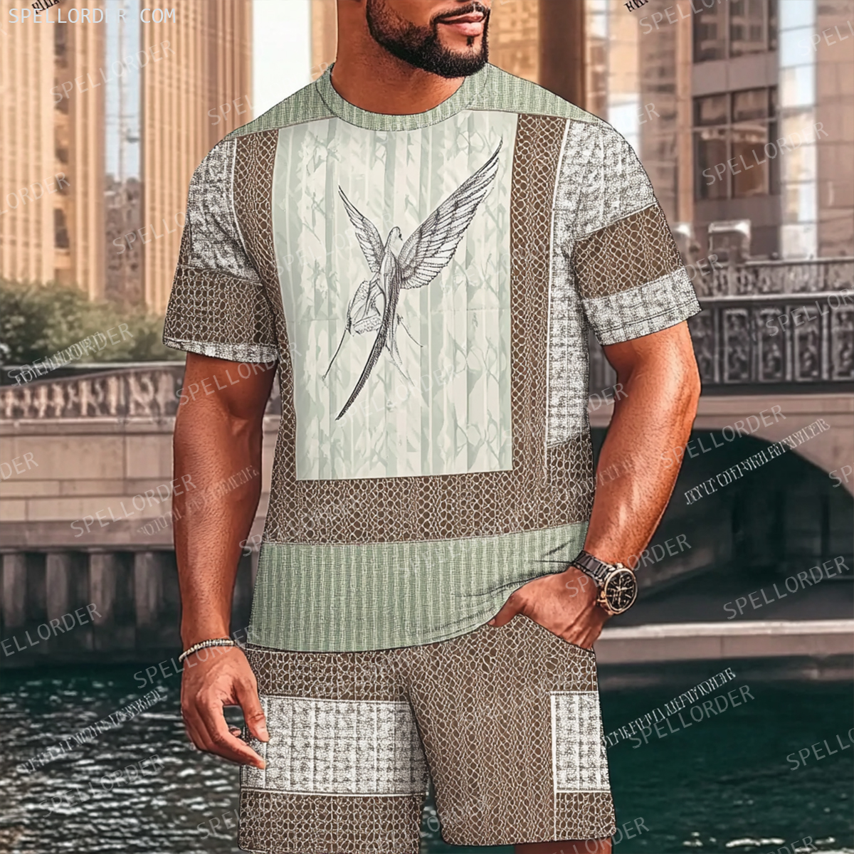 Men's Luxury Premium Round Neck Jacquard Texture Print Shorts Set 