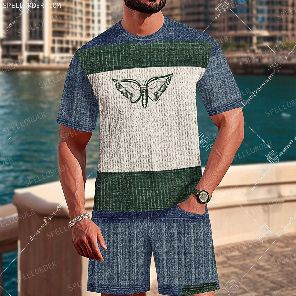 Men's Luxury Premium Round Neck Jacquard Texture Print Shorts Set 