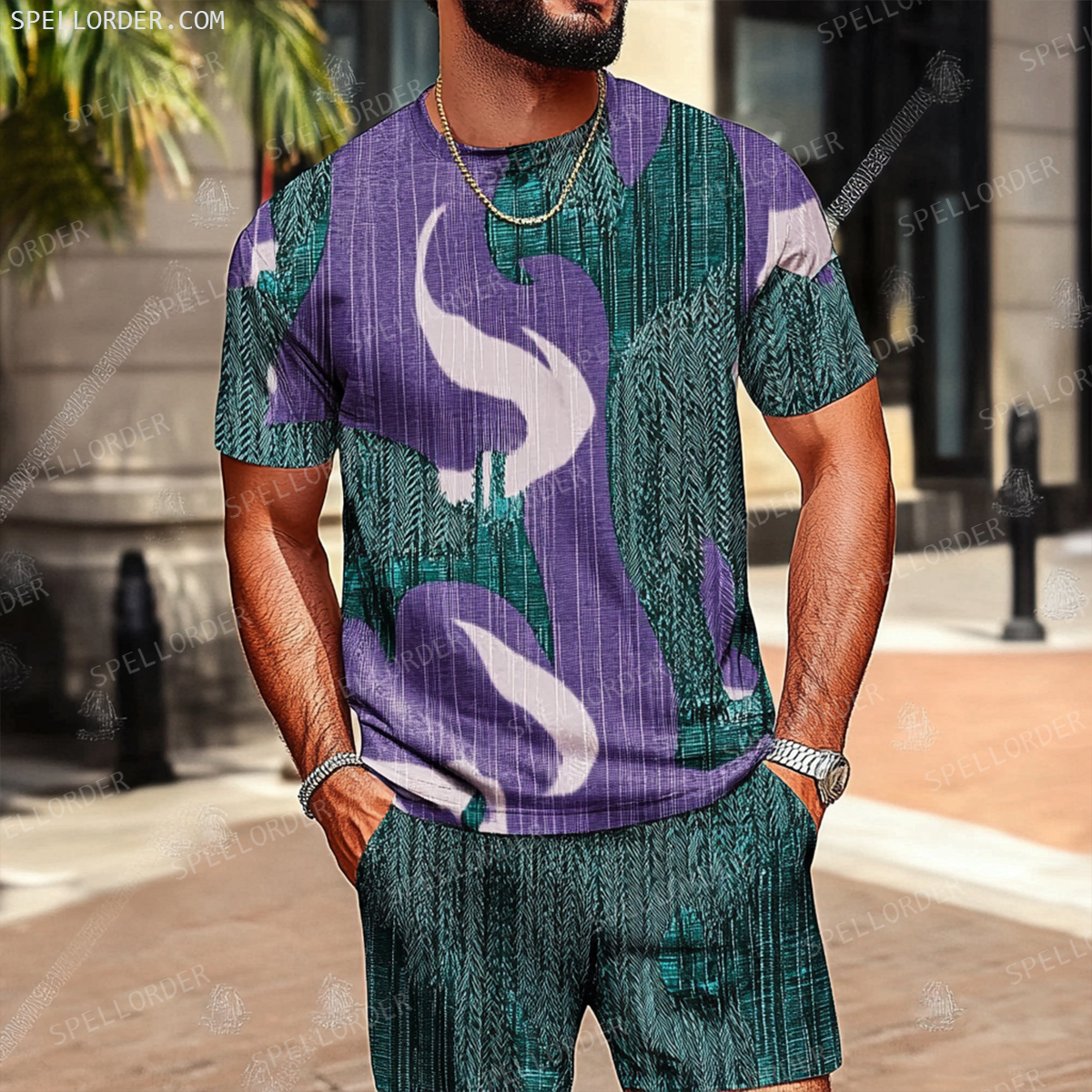 Men's Luxury Premium Round Neck Jacquard Texture Print Shorts Set 