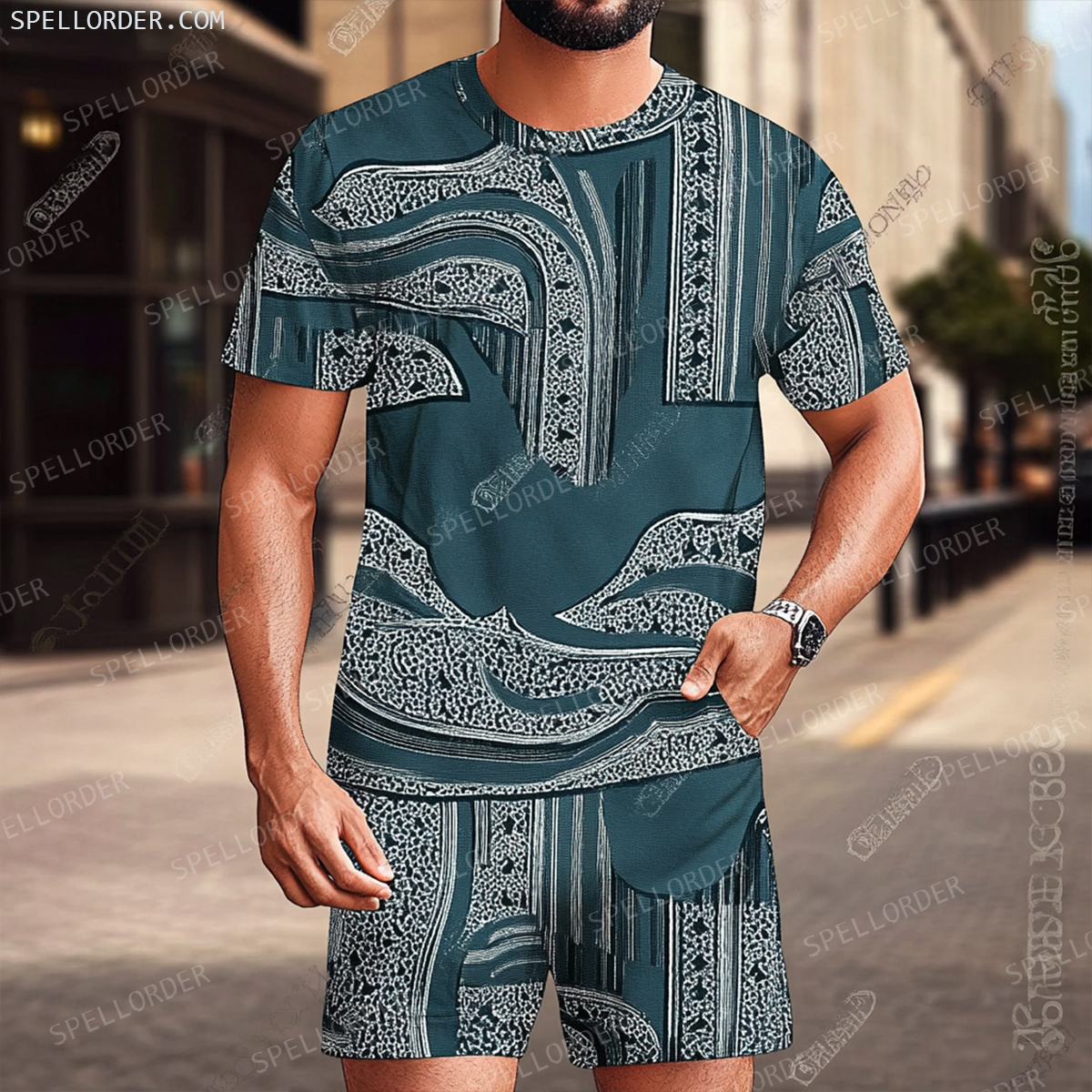Men's Luxury Premium Round Neck Jacquard Texture Print Shorts Set 