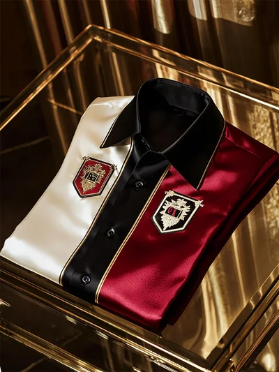 High Elasticity Soft Unique Men's Satin Luxe Print Short Sleeve Button Shirt