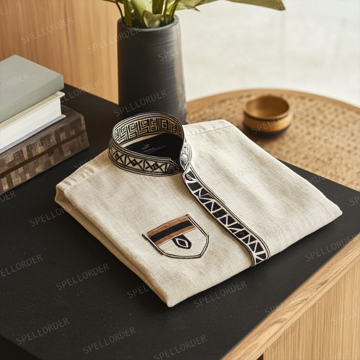 Men Classic Casual Linen Cotton Stand-up Collar Shirt