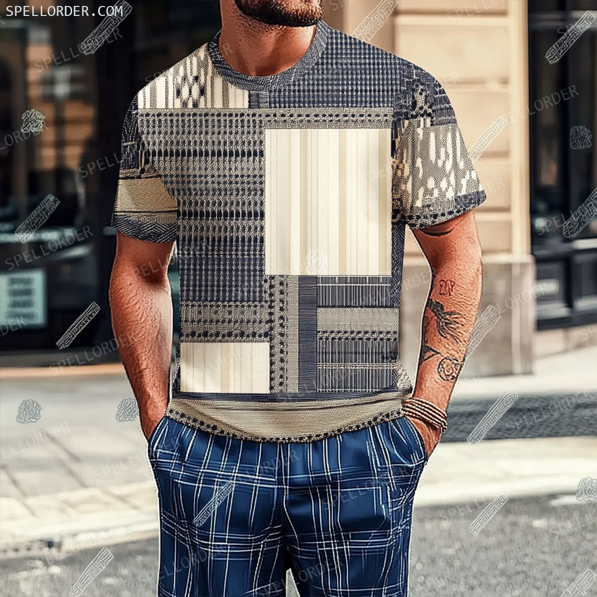 Men's Luxury Premium Round Neck Jacquard Texture Print Shorts Set 