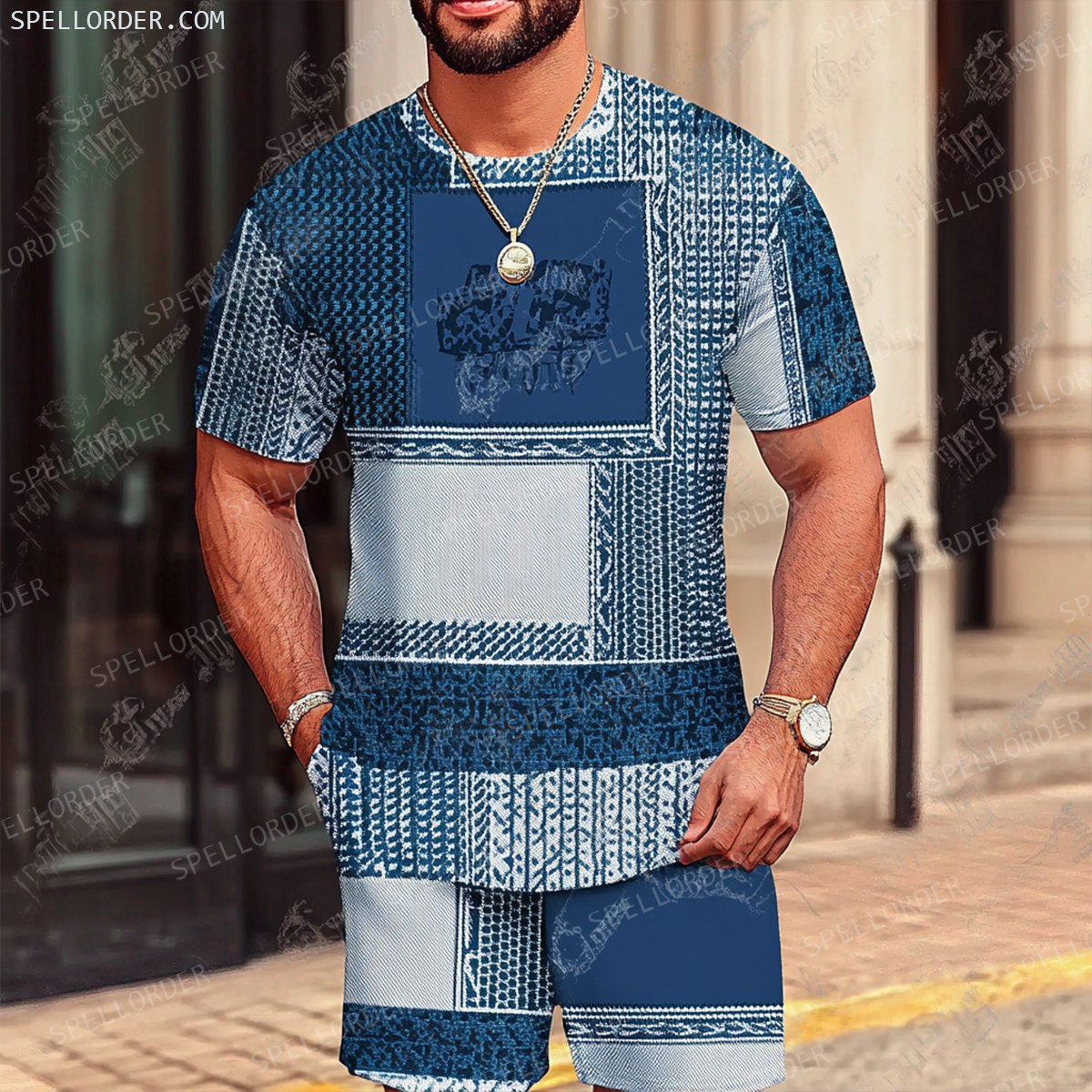 Men's Luxury Premium Round Neck Jacquard Texture Print Shorts Set 