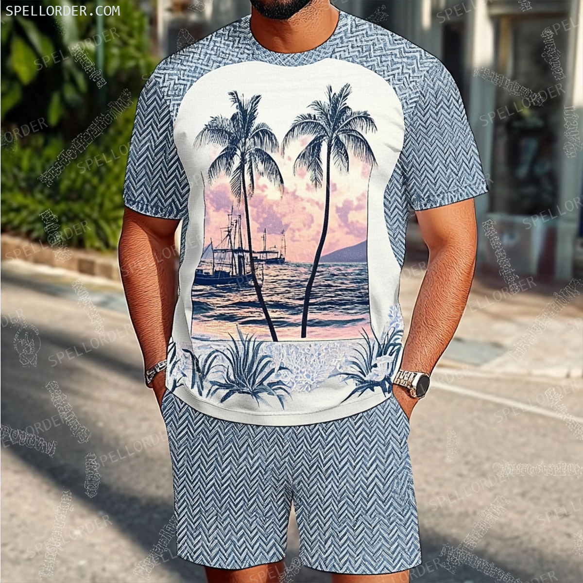 Men's Luxury Premium Round Neck Jacquard Texture Print Shorts Set 