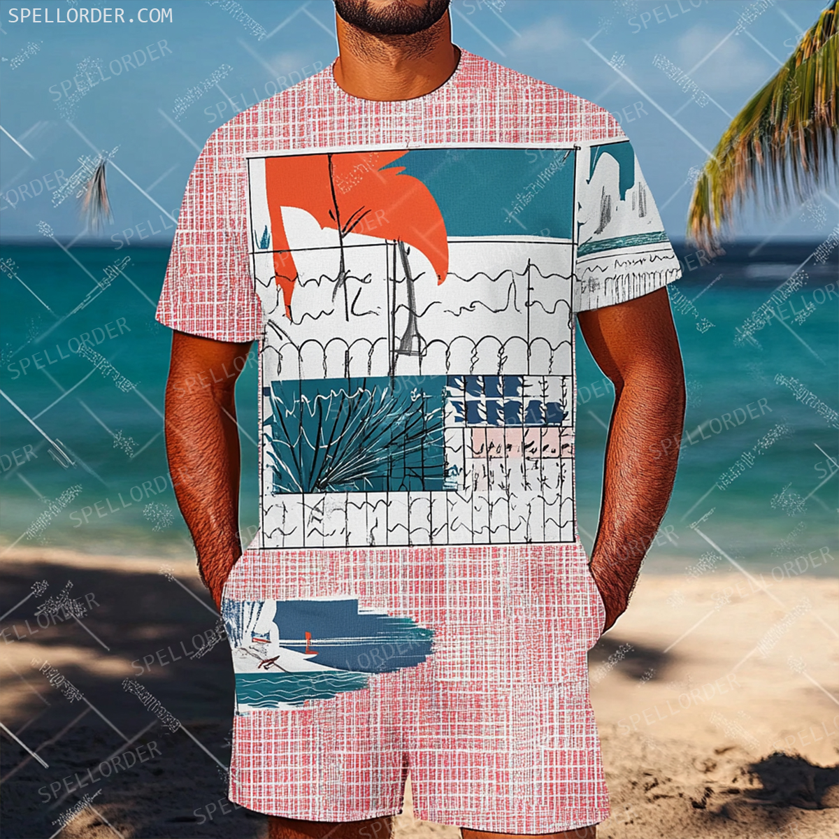 Men's Luxury Premium Round Neck Jacquard Texture Print Shorts Set 