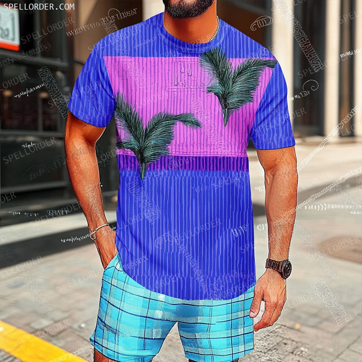 Men's Luxury Premium Round Neck Jacquard Texture Print Shorts Set 