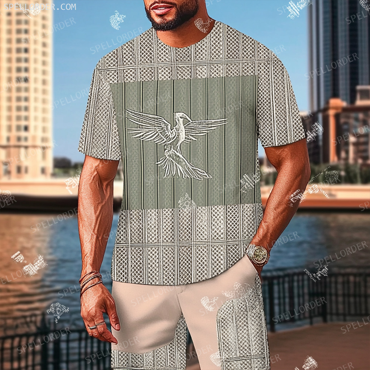 Men's Luxury Premium Round Neck Jacquard Texture Print Shorts Set 