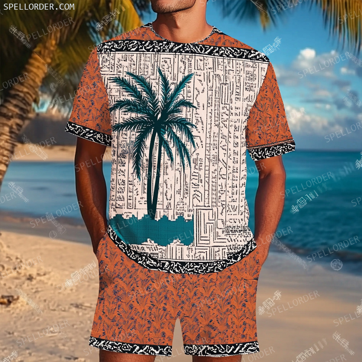 Men's Luxury Premium Round Neck Jacquard Texture Print Shorts Set 