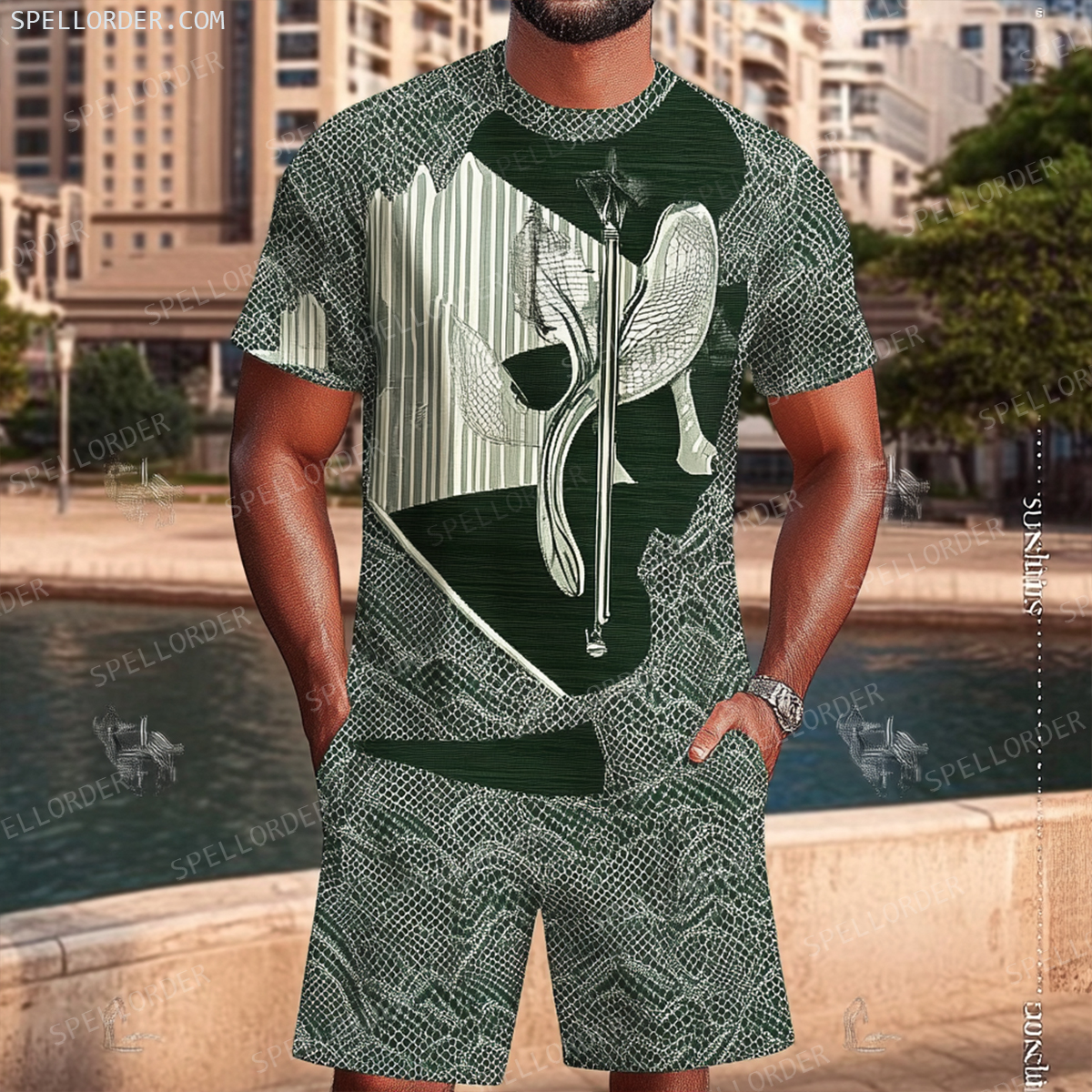 Men's Luxury Premium Round Neck Jacquard Texture Print Shorts Set 