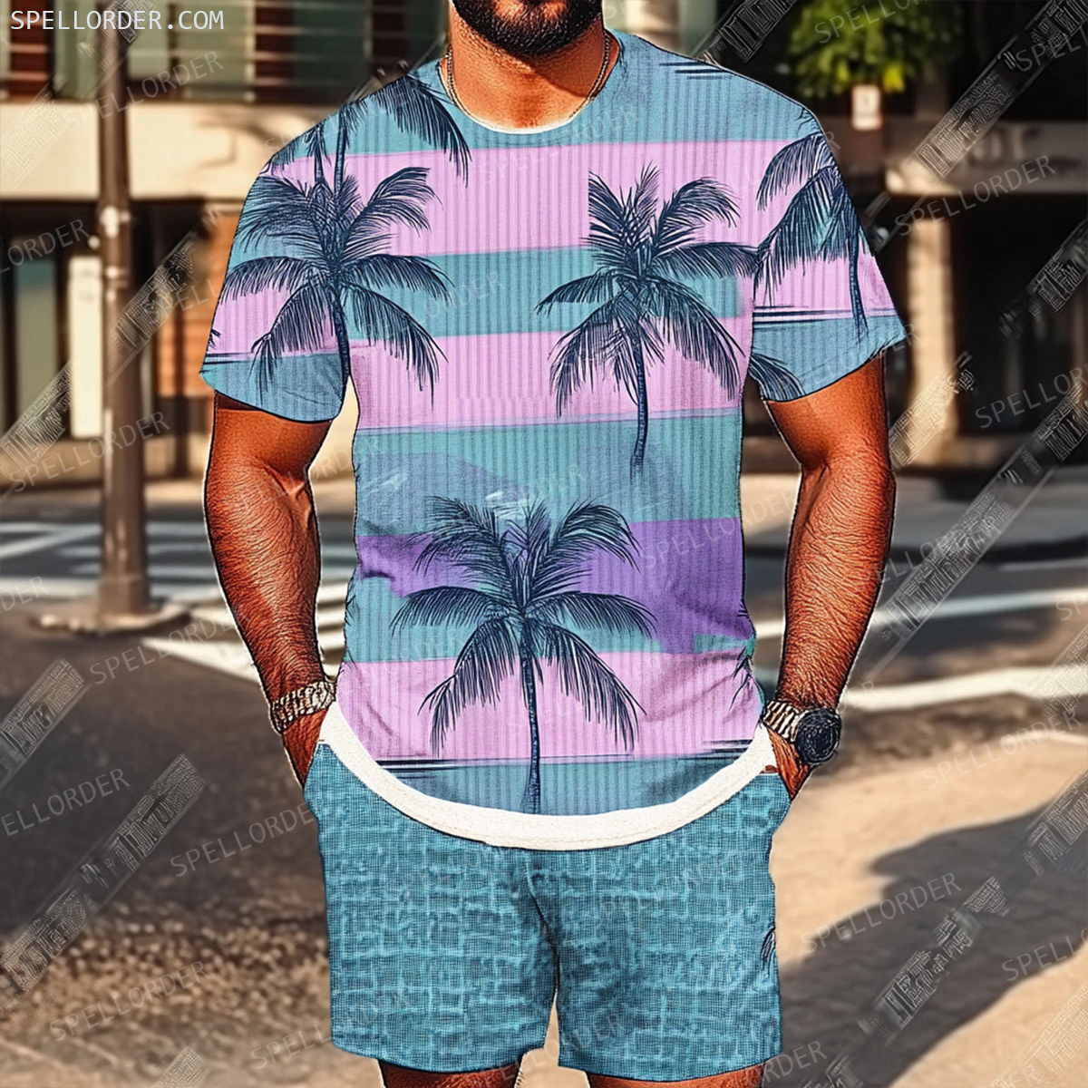 Men's Luxury Premium Round Neck Jacquard Texture Print Shorts Set 