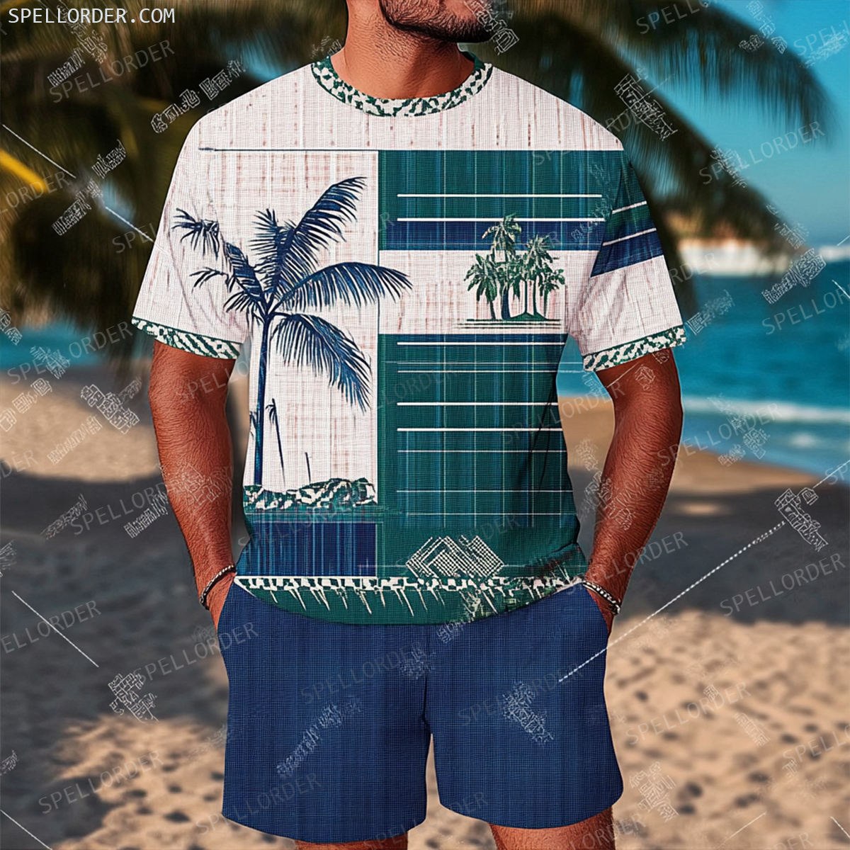 Men's Luxury Premium Round Neck Jacquard Texture Print Shorts Set 