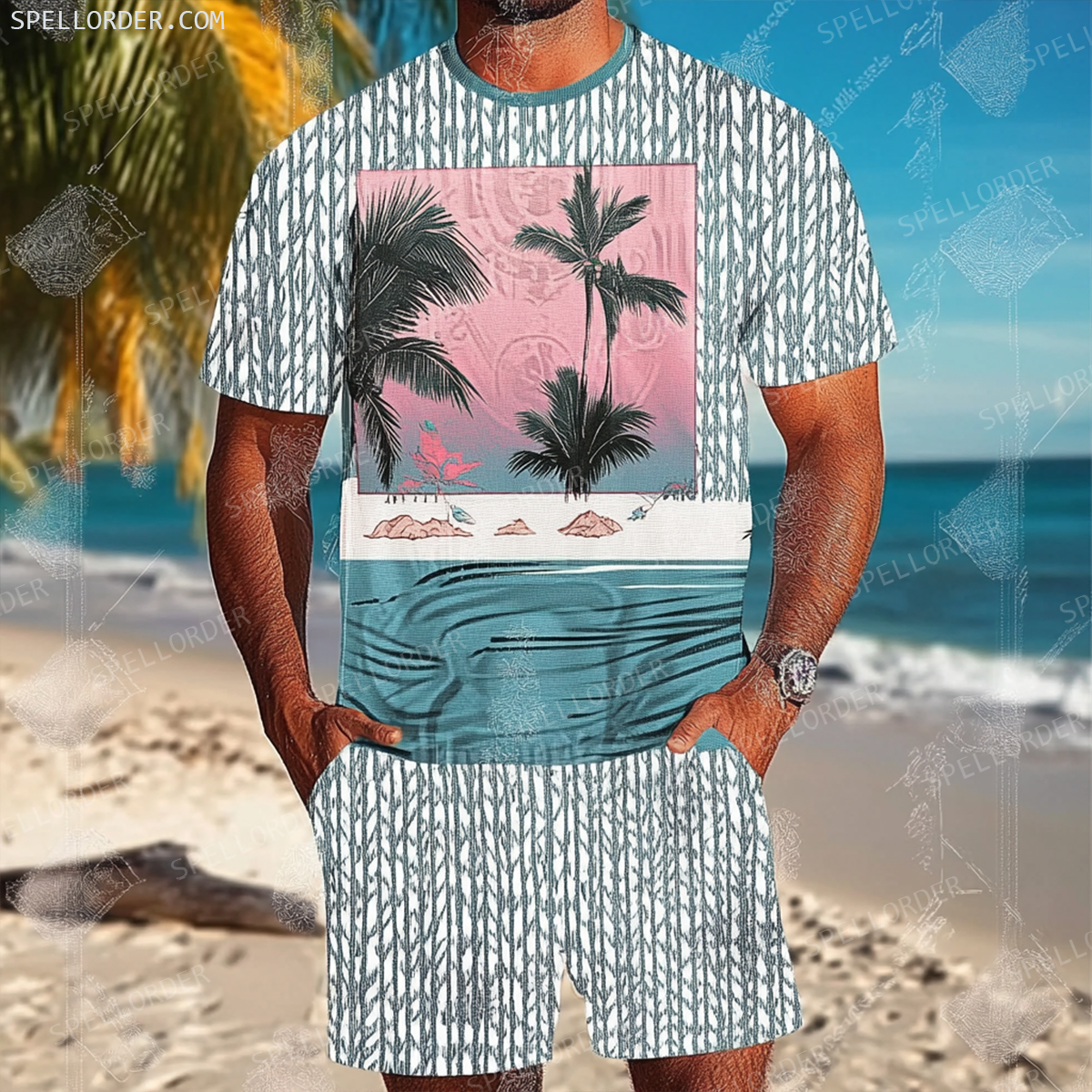 Men's Luxury Premium Round Neck Jacquard Texture Print Shorts Set 