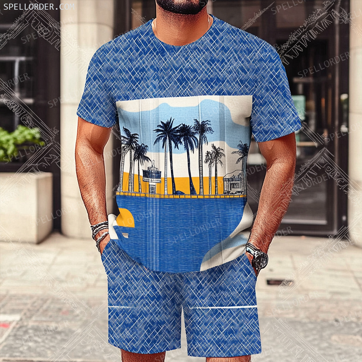 Men's Luxury Premium Round Neck Jacquard Texture Print Shorts Set 