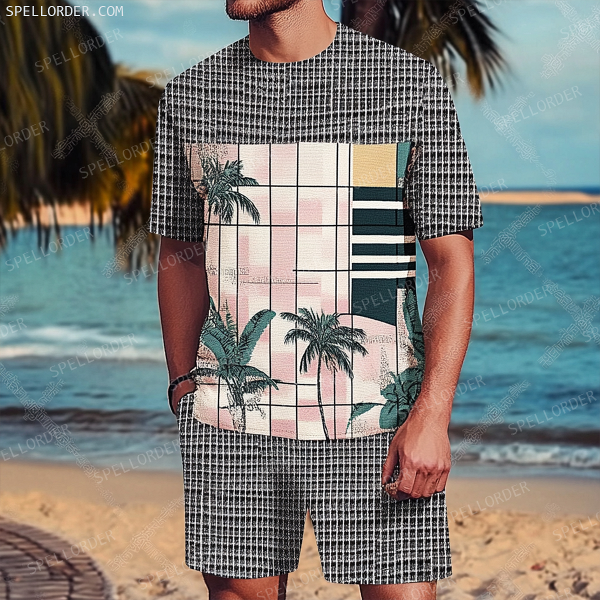 Men's Luxury Premium Round Neck Jacquard Texture Print Shorts Set 