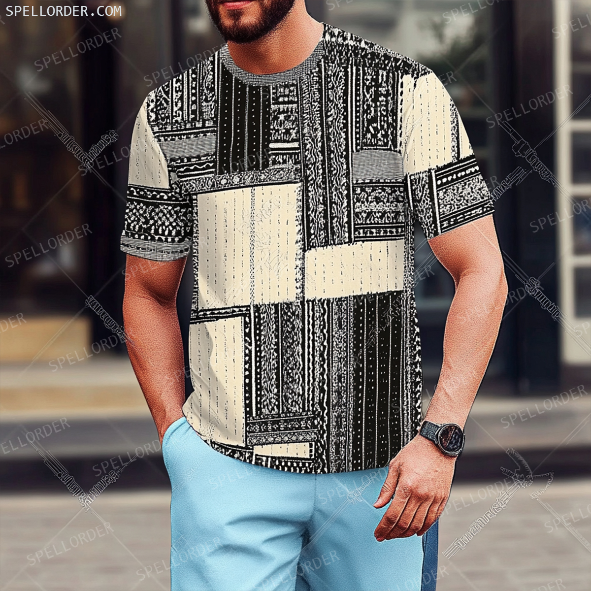 Men's Luxury Premium Round Neck Jacquard Texture Print Shorts Set 