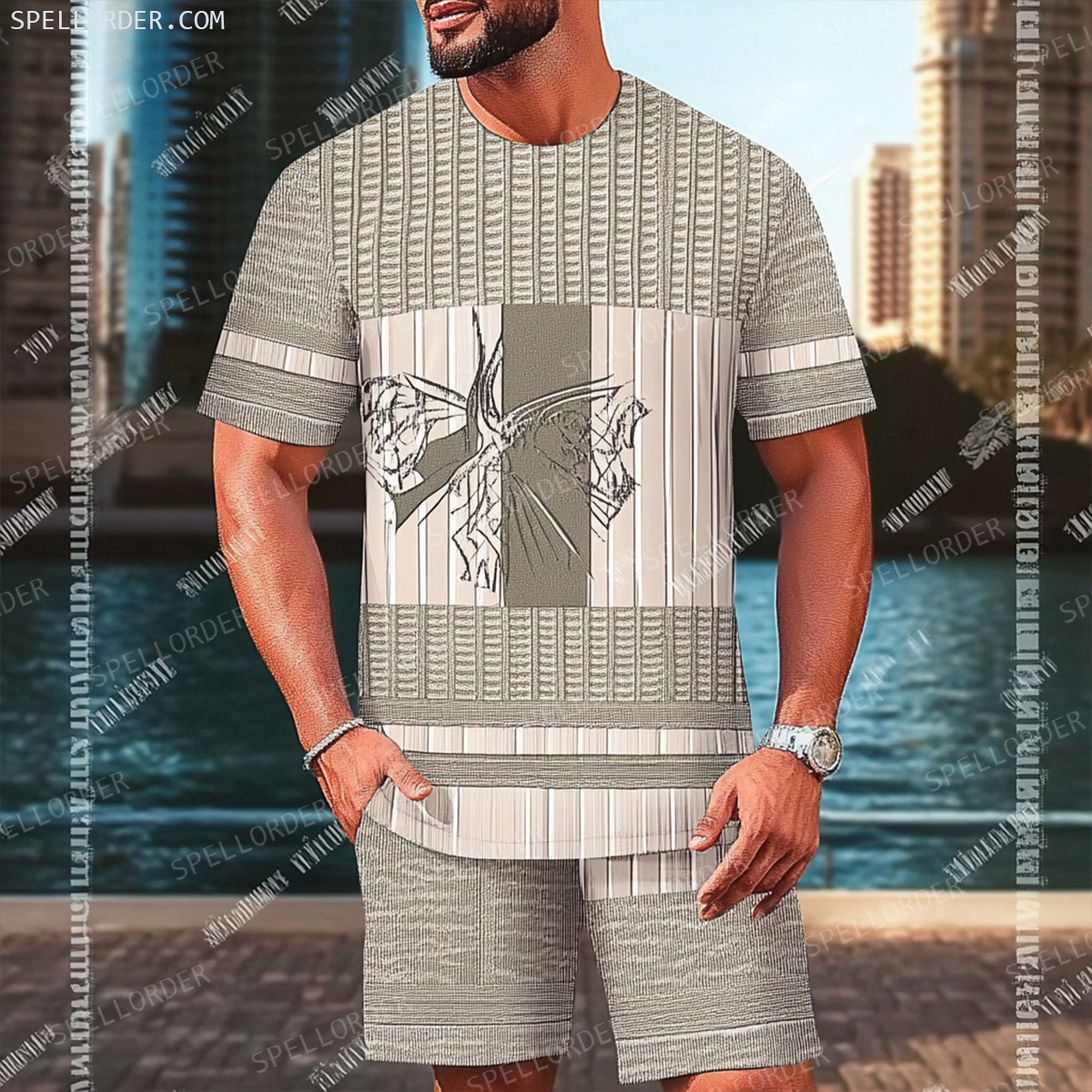 Men's Luxury Premium Round Neck Jacquard Texture Print Shorts Set 