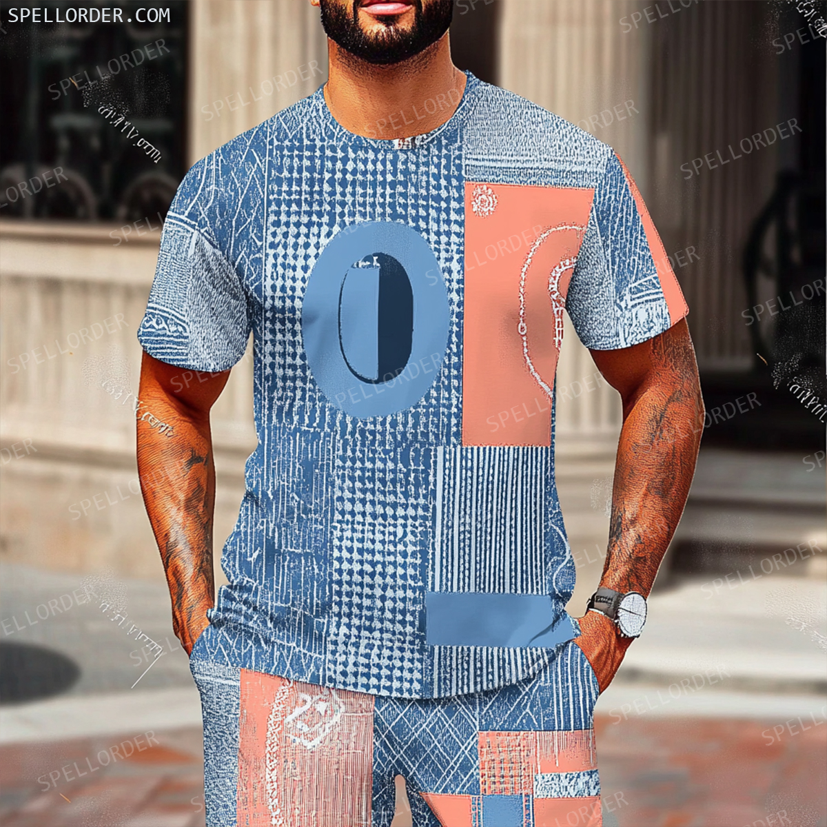 Men's Luxury Premium Round Neck Jacquard Texture Print Shorts Set 