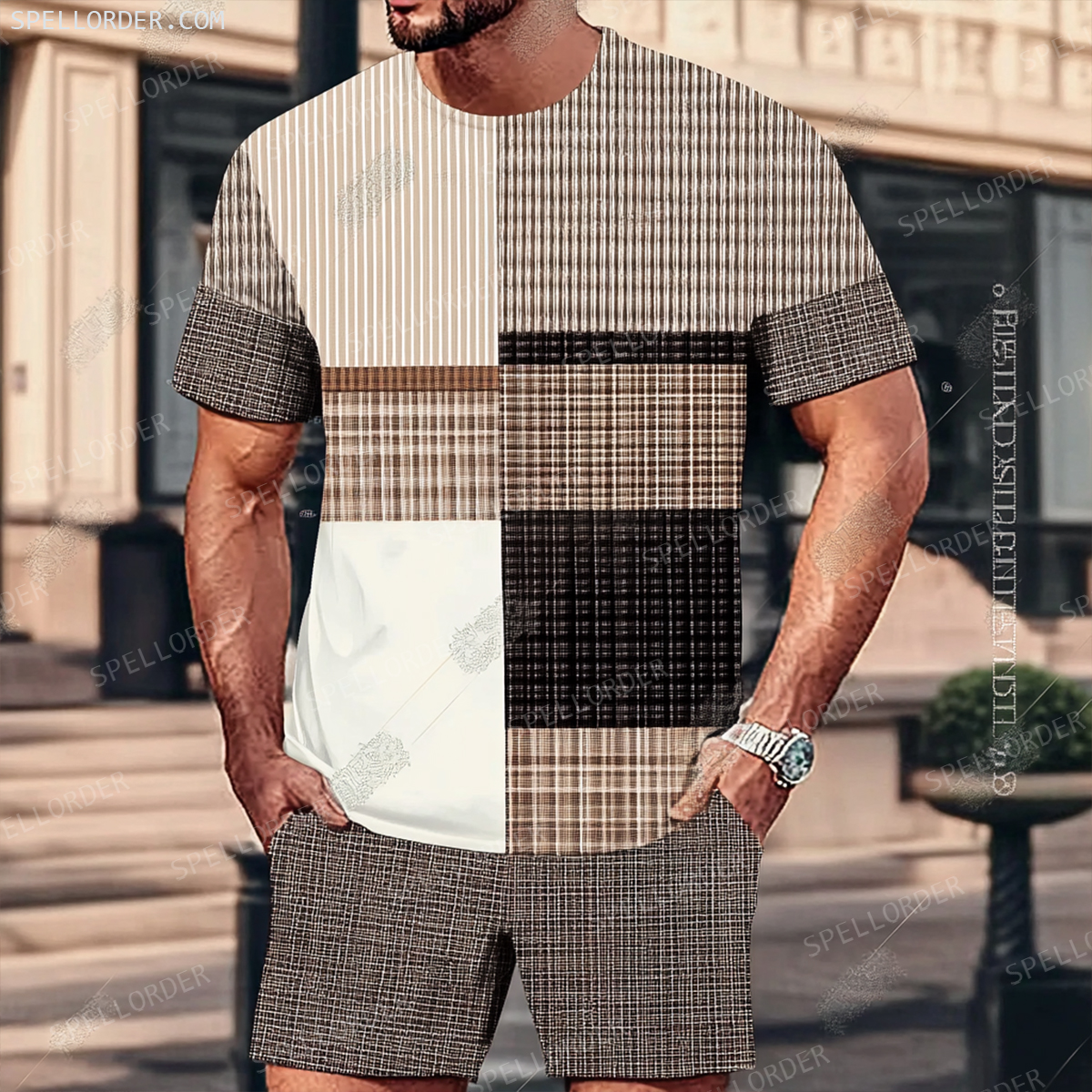 Men's Luxury Premium Round Neck Jacquard Texture Print Shorts Set 